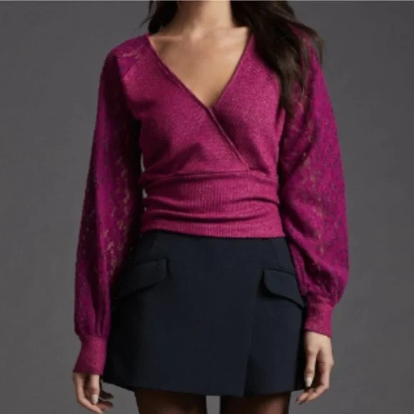 Anthropologie $98 NWOT Plum Laced Balloon Sleeve  Sweater Blouse Size Small - Picture 3 of 12